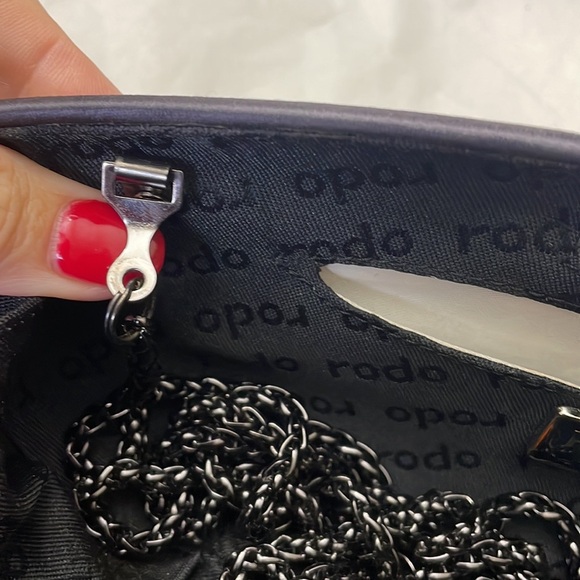 RODO satin Swarovski clutch shell evening bag / chain shoulder strap gunmetal - Picture 14 of 14